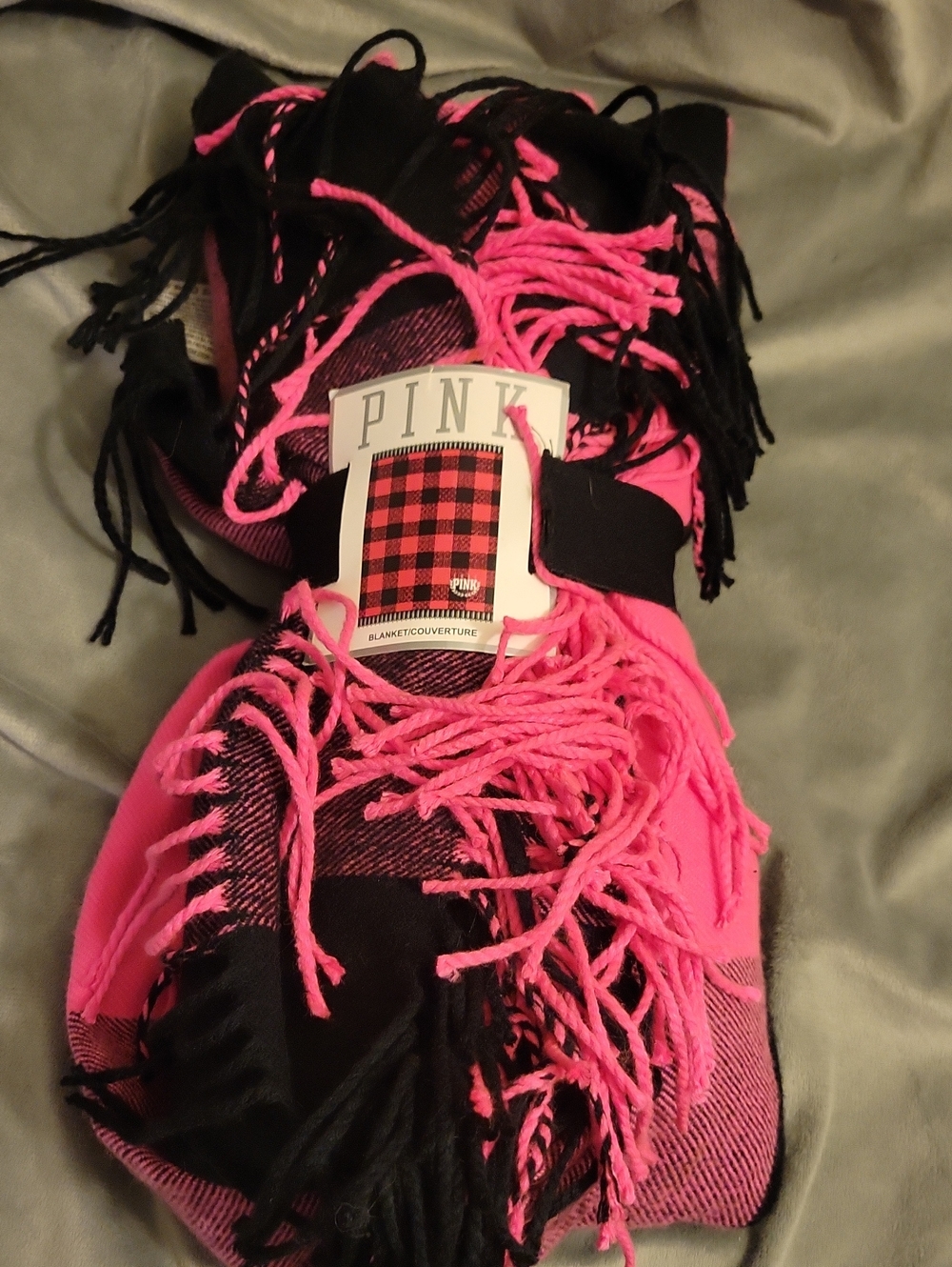 PINK Victoria's Secret Black & Hot Pink Fringe Throw Blanket